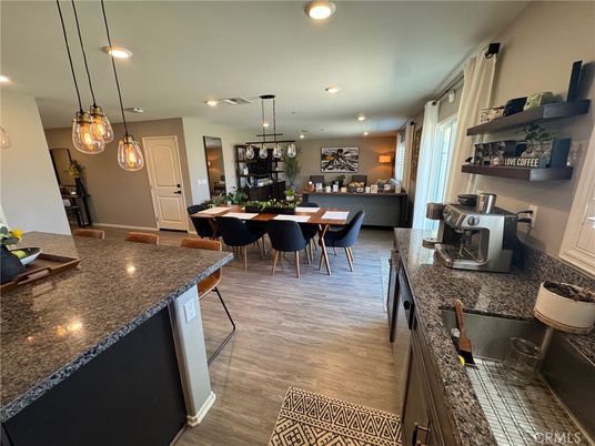 Dining room, Interior, Pendant Lights, Recessed Lighting, Wood Texture Flooring