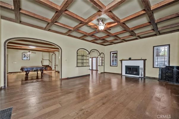 Billiard Table, Empty room, Fireplace, Game Room, Interior, Wooden Beams, Wood Texture Flooring