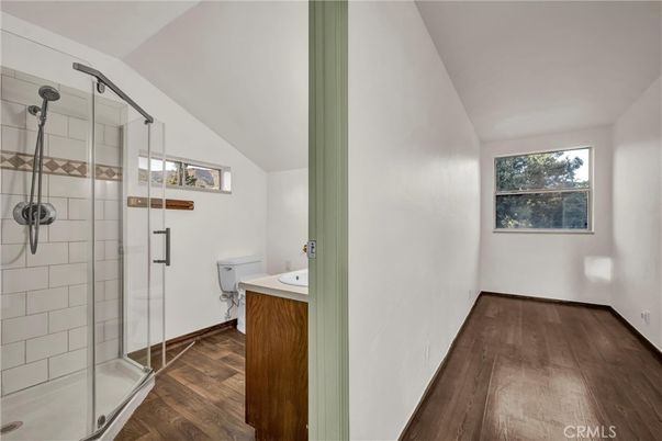 Bathroom, Glass Shower, Interior, Wood Texture Flooring