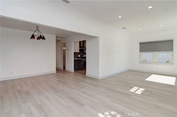 Empty room, Interior, Kitchen, Recessed Lighting, Wood Texture Flooring