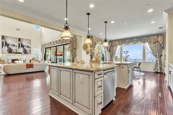 Fireplace, Interior, Kitchen, Living room, Pendant Lights, Recessed Lighting, Wood Texture Flooring