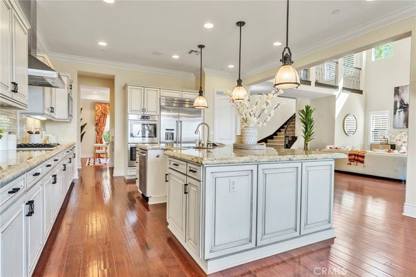 Interior, Kitchen, Pendant Lights, Recessed Lighting, Stainless Steel Appliances, Wood Texture Flooring