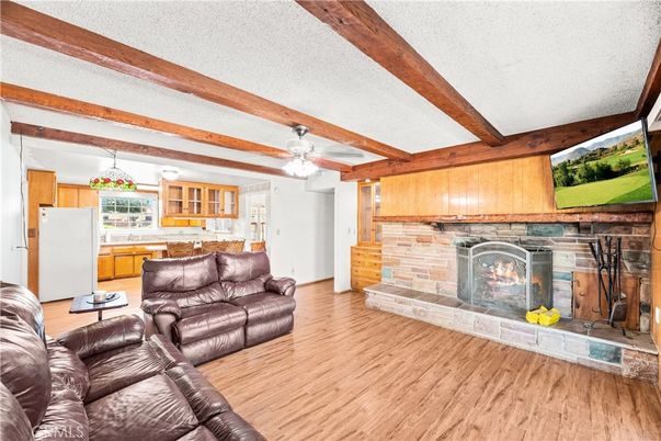 Fireplace, Interior, Living room, Pendant Lights, Stone Walls, Wooden Beams, Wood Texture Flooring, Wooden Walls