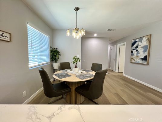 Dining room, Interior, Pendant Lights, Recessed Lighting, Wood Texture Flooring
