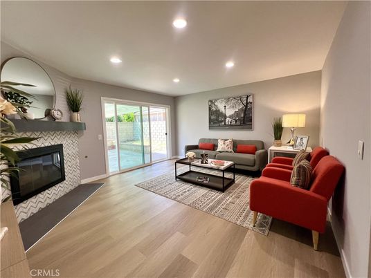 Fireplace, Interior, Living room, Recessed Lighting, Wood Texture Flooring