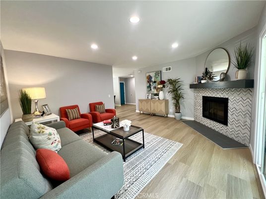Fireplace, Interior, Living room, Recessed Lighting, Wood Texture Flooring