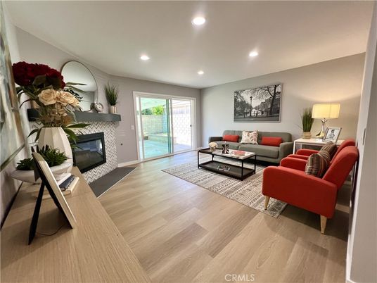 Fireplace, Interior, Living room, Recessed Lighting, Wood Texture Flooring