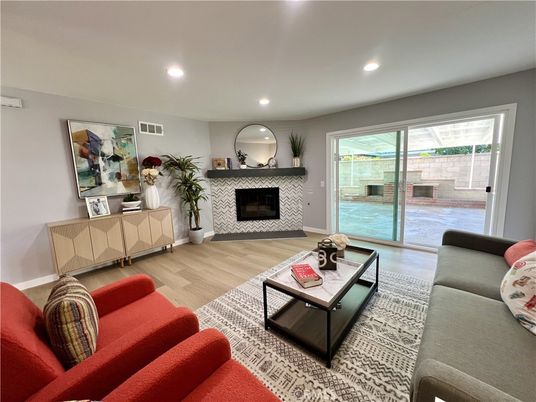Fireplace, Interior, Living room, Recessed Lighting, Wood Texture Flooring