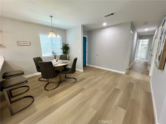 Chandelier, Dining room, Interior, Recessed Lighting, Wood Texture Flooring