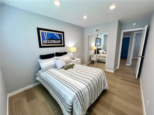 Bedroom, Interior, Recessed Lighting, Wood Texture Flooring