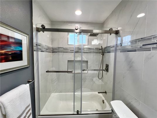 Bathroom, Glass Shower, Interior, Marble Walls, Recessed Lighting
