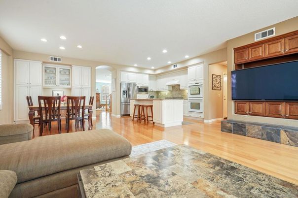 Dining room, Interior, Kitchen, Recessed Lighting, Stainless Steel Appliances, Wood Texture Flooring