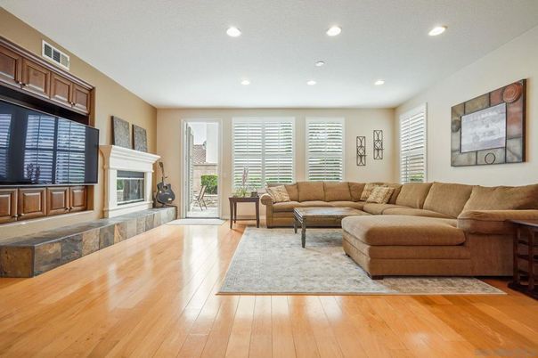 Fireplace, Interior, Living room, Recessed Lighting, Wood Texture Flooring