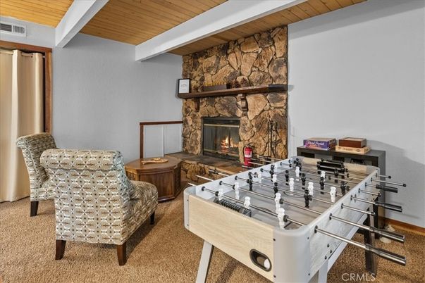 Fireplace, Game Room, Interior, Stone Walls, Wooden Ceilings