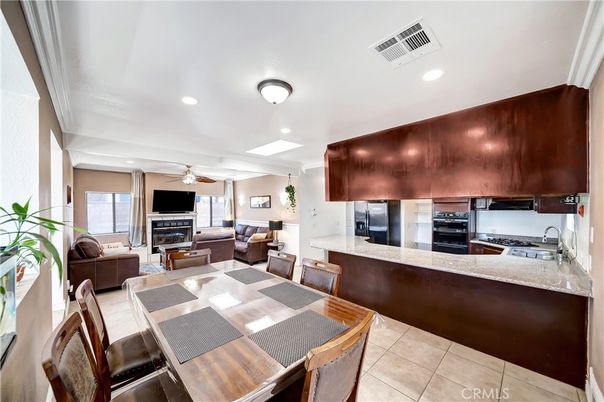 Dining room, Fireplace, Interior, Kitchen, Living room, Recessed Lighting, Stainless Steel Appliances