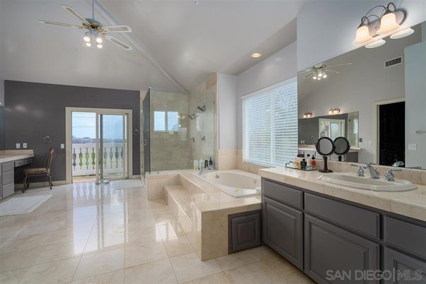 Bathroom, Dual Sink Vanities, Glass Shower, Interior, Recessed Lighting, Tile Countertops