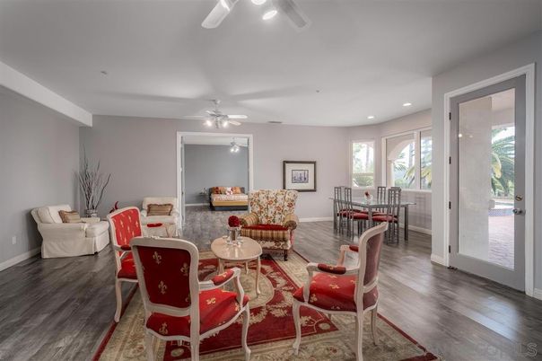 Dining room, Interior, Living room, Recessed Lighting, Wood Texture Flooring