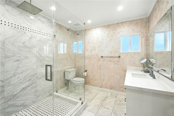 Bathroom, Glass Shower, Interior, Marble, Marble Walls, Recessed Lighting