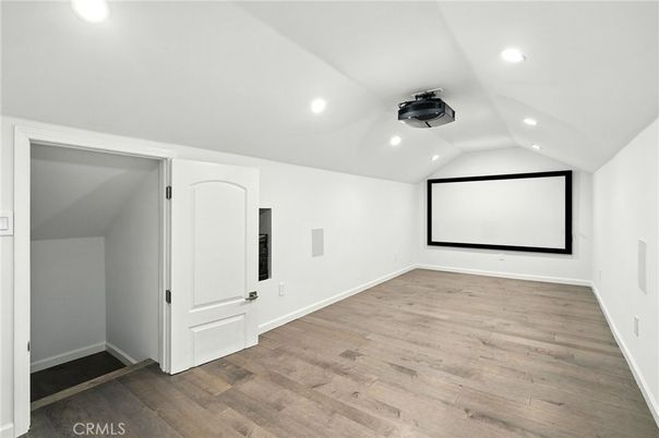 Empty room, Interior, Projection Screen, Recessed Lighting, Wood Texture Flooring