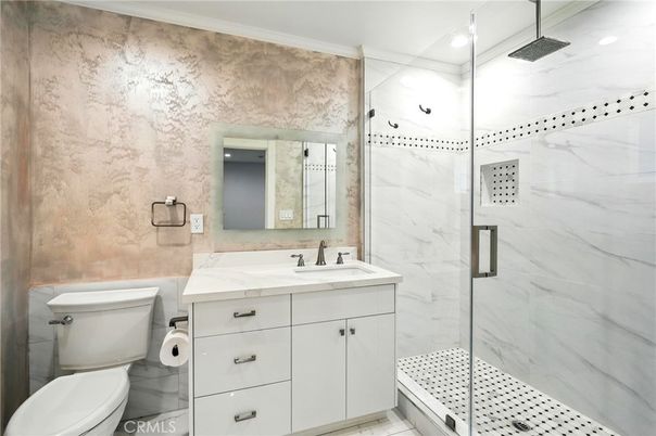 Bathroom, Glass Shower, Interior, Marble Walls, Recessed Lighting