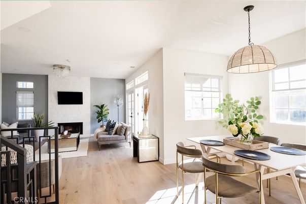 Dining room, Fireplace, Interior, Living room, Pendant Lights, Wood Texture Flooring