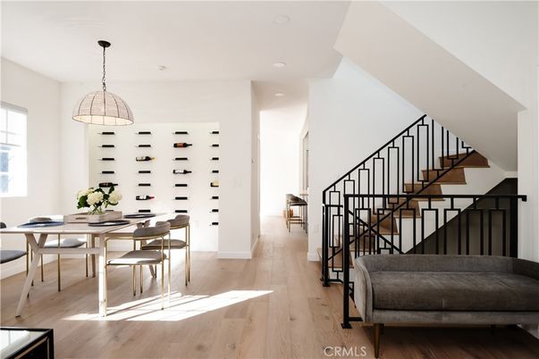 Dining room, Interior, Pendant Lights, Recessed Lighting, Wine Storage, Wood Texture Flooring