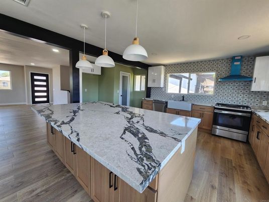 Interior, Kitchen, Pendant Lights, Recessed Lighting, Stainless Steel Appliances, Wood Texture Flooring