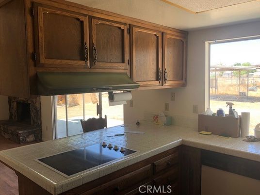 Interior, Kitchen, Tile Countertops, Wood Texture Flooring