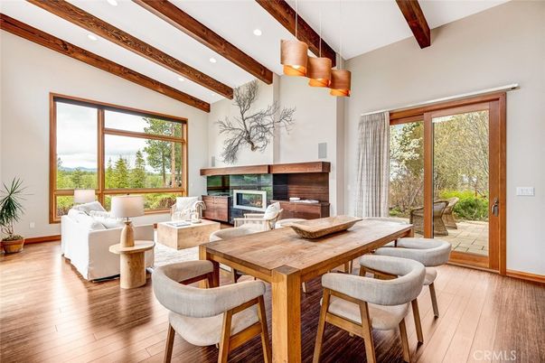 Dining room, Fireplace, Interior, Living room, Recessed Lighting, Wooden Beams, Wood Texture Flooring