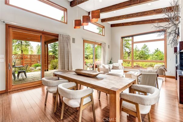 Dining room, Interior, Living room, Pendant Lights, Recessed Lighting, Wooden Beams, Wood Texture Flooring
