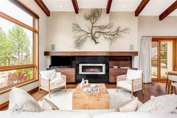 Fireplace, Interior, Living room, Recessed Lighting, Wooden Beams, Wood Texture Flooring
