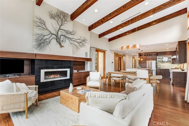 Dining room, Fireplace, Interior, Kitchen, Living room, Pendant Lights, Recessed Lighting, Wooden Beams, Wood Texture Flooring