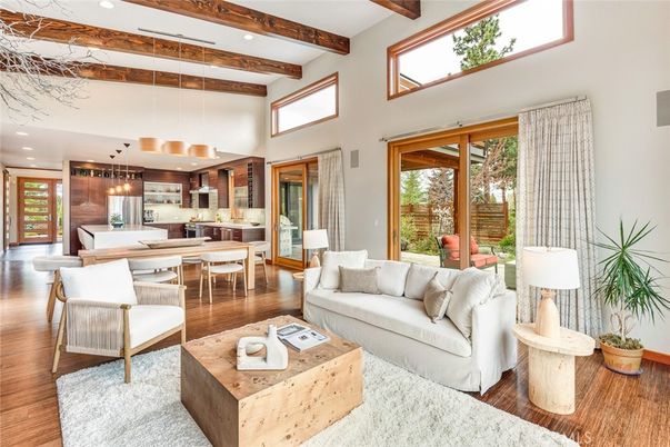 Dining room, Interior, Kitchen, Living room, Pendant Lights, Recessed Lighting, Stainless Steel Appliances, Wooden Beams, Wood Texture Flooring