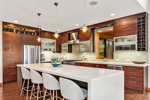 Interior, Kitchen, Pendant Lights, Recessed Lighting, Stainless Steel Appliances, Wood Texture Flooring
