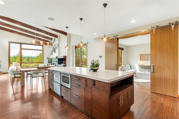 Dining room, Fireplace, Interior, Kitchen, Living room, Pendant Lights, Recessed Lighting, Wooden Beams, Wood Texture Flooring