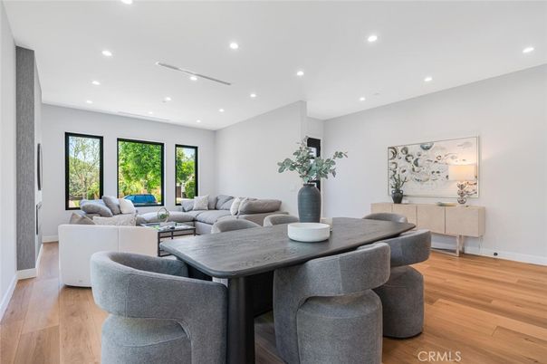 Dining room, Interior, Living room, Recessed Lighting, Wood Texture Flooring