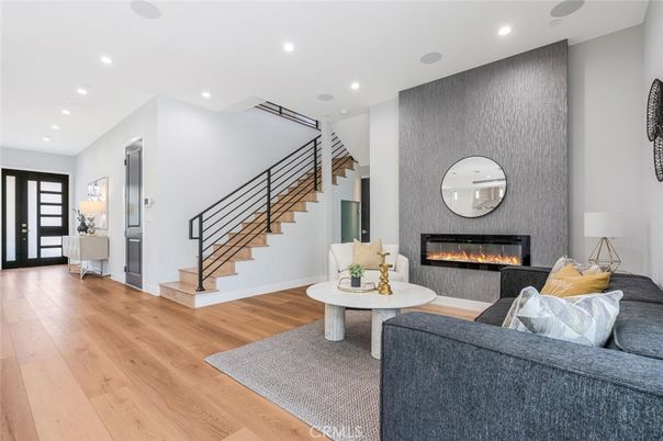 Fireplace, Interior, Living room, Recessed Lighting, Wood Texture Flooring
