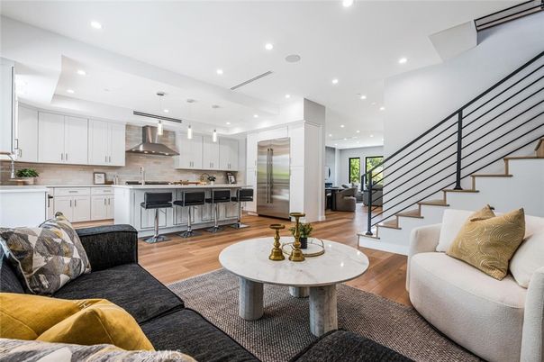 Interior, Kitchen, Living room, Pendant Lights, Recessed Lighting, Stainless Steel Appliances, Wood Texture Flooring