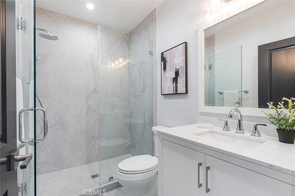 Bathroom, Glass Shower, Interior, Marble Walls, Recessed Lighting