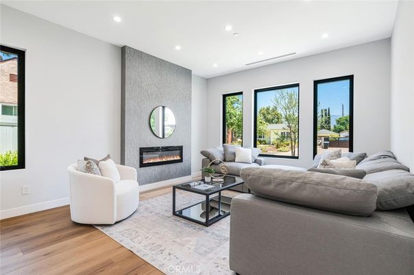 Fireplace, Interior, Living room, Recessed Lighting, Wood Texture Flooring