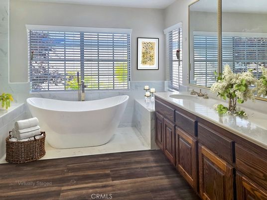 Bathroom, Dual Sink Vanities, Free Standing Baths, Interior, Wood Texture Flooring