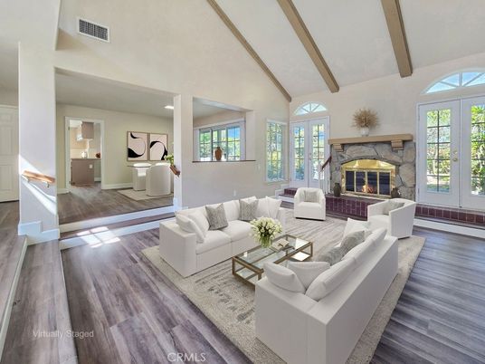 Fireplace, Interior, Living room, Recessed Lighting, Wooden Beams, Wood Texture Flooring