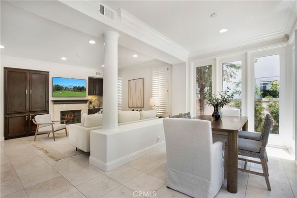Dining room, Fireplace, Interior, Living room, Recessed Lighting