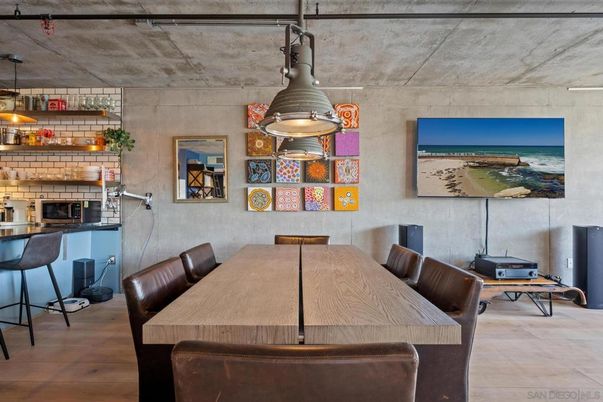 Dining room, Fireplace, Interior, Pendant Lights, Wood Texture Flooring
