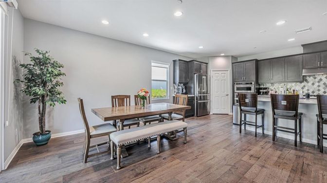 Dining room, Interior, Kitchen, Recessed Lighting, Stainless Steel Appliances, Wood Texture Flooring