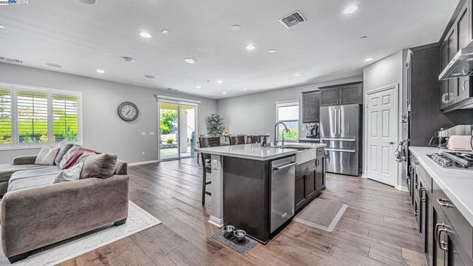 Interior, Kitchen, Living room, Recessed Lighting, Stainless Steel Appliances, Wood Texture Flooring