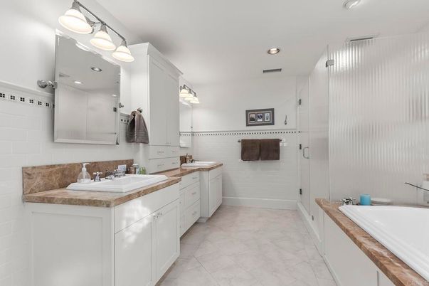 Bathroom, Dual Sink Vanities, Glass Shower, Interior, Recessed Lighting