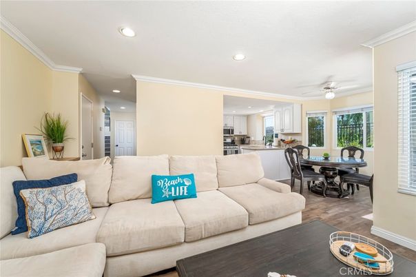 Dining room, Interior, Kitchen, Living room, Recessed Lighting, Stainless Steel Appliances, Wood Texture Flooring