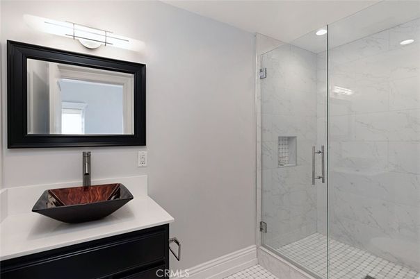 Bathroom, Glass Shower, Interior, Marble Walls, Recessed Lighting