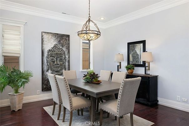 Dining room, Interior, Pendant Lights, Recessed Lighting, Wood Texture Flooring